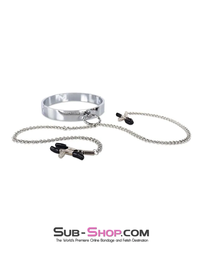 2502DL      Chrome Steel Bondage Collar with Adjustable Nipple Clamps