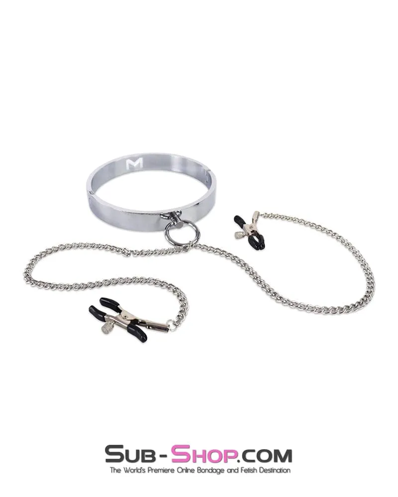 2502DL      Chrome Steel Bondage Collar with Adjustable Nipple Clamps