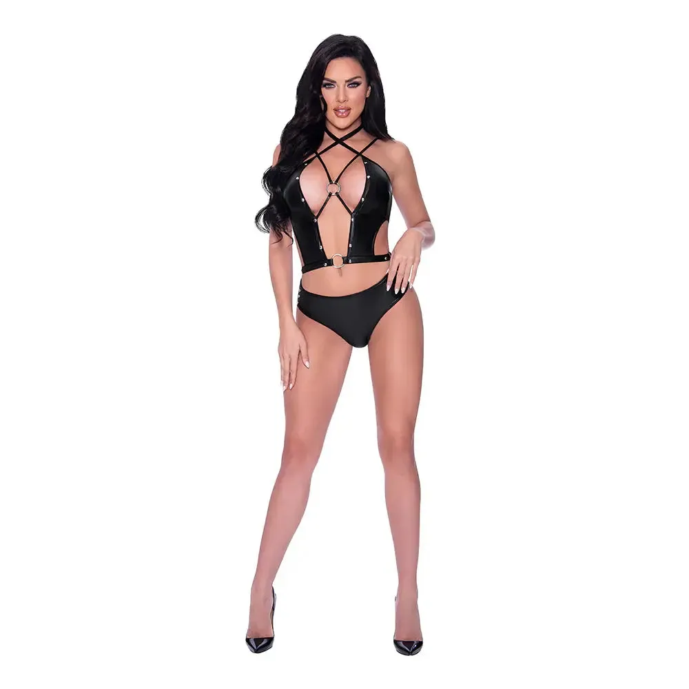 BDSM Lingerie Lust Fetish Delia Strappy Bustier & Tanga Panty Black L/XL