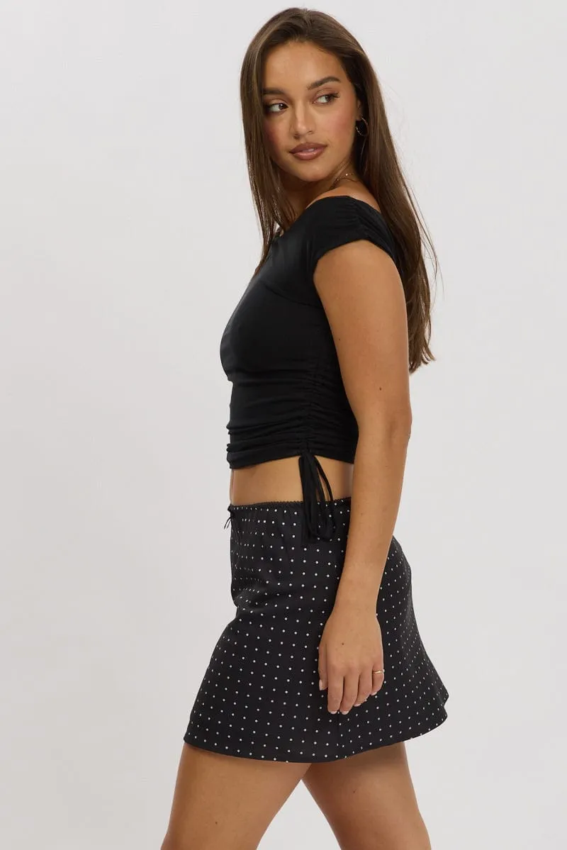 Black Polka Dot Mini Slip Skirt Elastic Waist Picot Trim Bias Cut