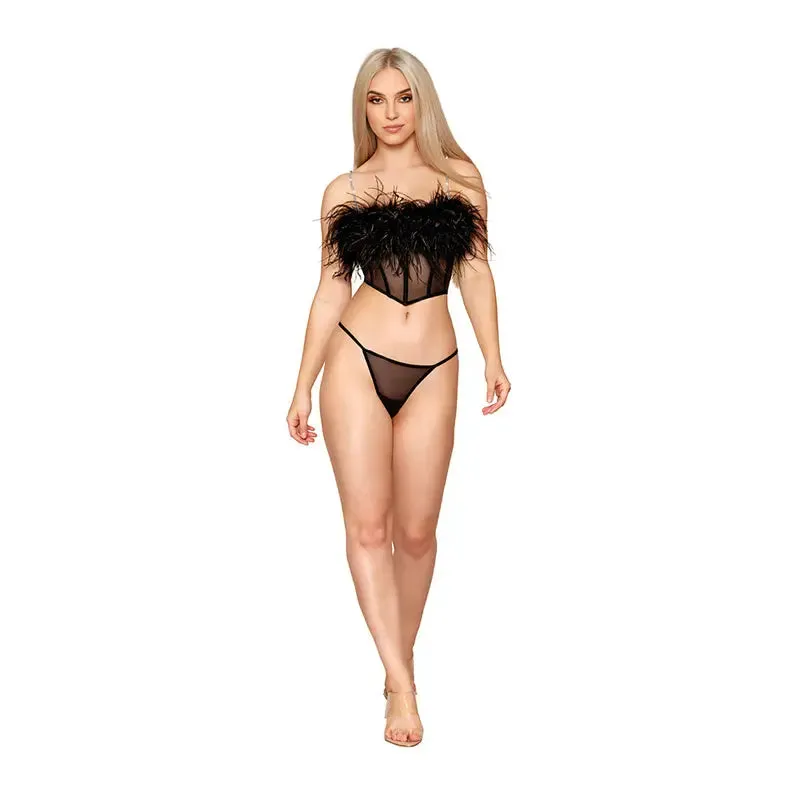 Dreamgirl Corset Lingerie Set Stretch Mesh Bustier with Removable Feather Trim and G-String Set Black XL