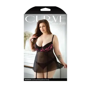 Fantasy Lingerie Curve Madison Gartered Lace & Mesh Babydoll. Panty Black/Pink XL/2XL