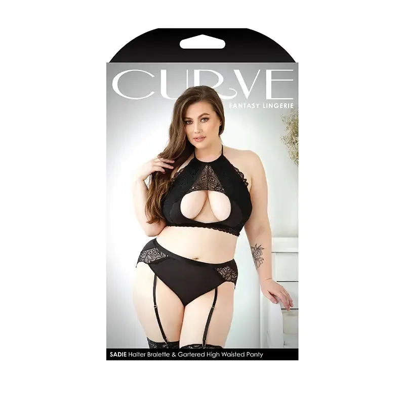 Fantasy Lingerie Curve Sadie Halter Bralette. Gartered High-Waisted Panty Black 3XL/4XL