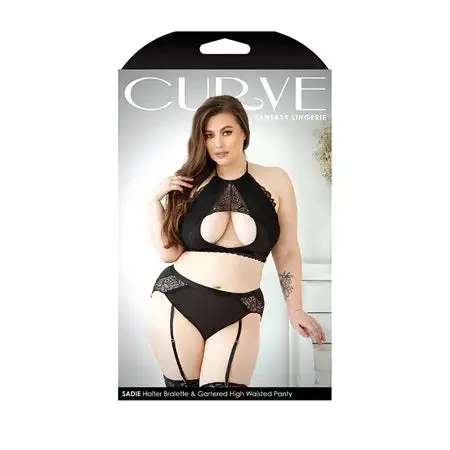 Fantasy Lingerie Curve Sadie Halter Bralette. Gartered High-Waisted Panty Black 3XL/4XL
