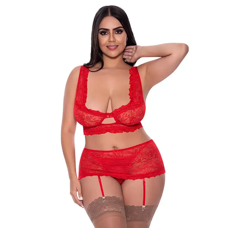 Magic Silk Ooh La Lace Bralette. Garter Skirt & G-String Set Red Queen
