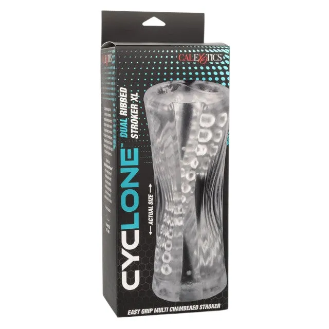 Masturbator dublu CALEXOTICS Cyclone Dual Ribbed Stroker XL. din TPE. cu texturi variate. lungime 24.25 cm. transparent