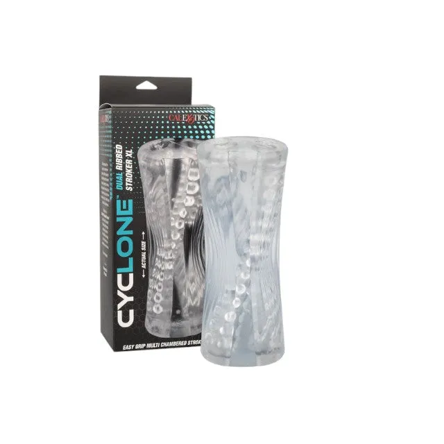 Masturbator dublu CALEXOTICS Cyclone Dual Ribbed Stroker XL. din TPE. cu texturi variate. lungime 24.25 cm. transparent