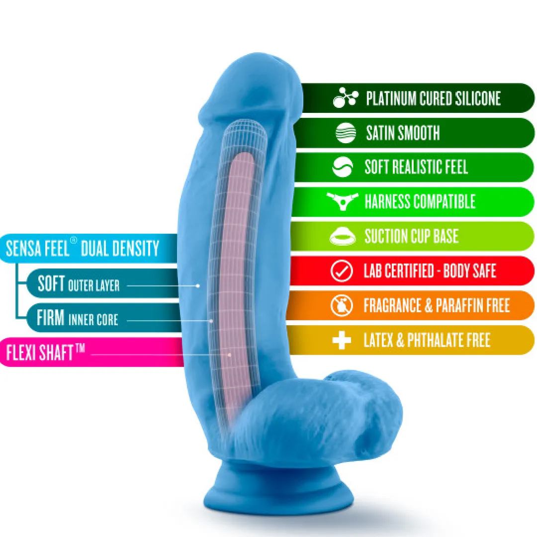 Neo Elite 7 Inch Dual Density Neon Blue Silicone Dildo with Balls