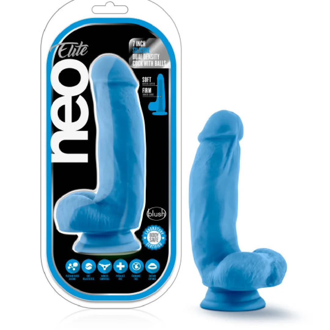 Neo Elite 7 Inch Dual Density Neon Blue Silicone Dildo with Balls