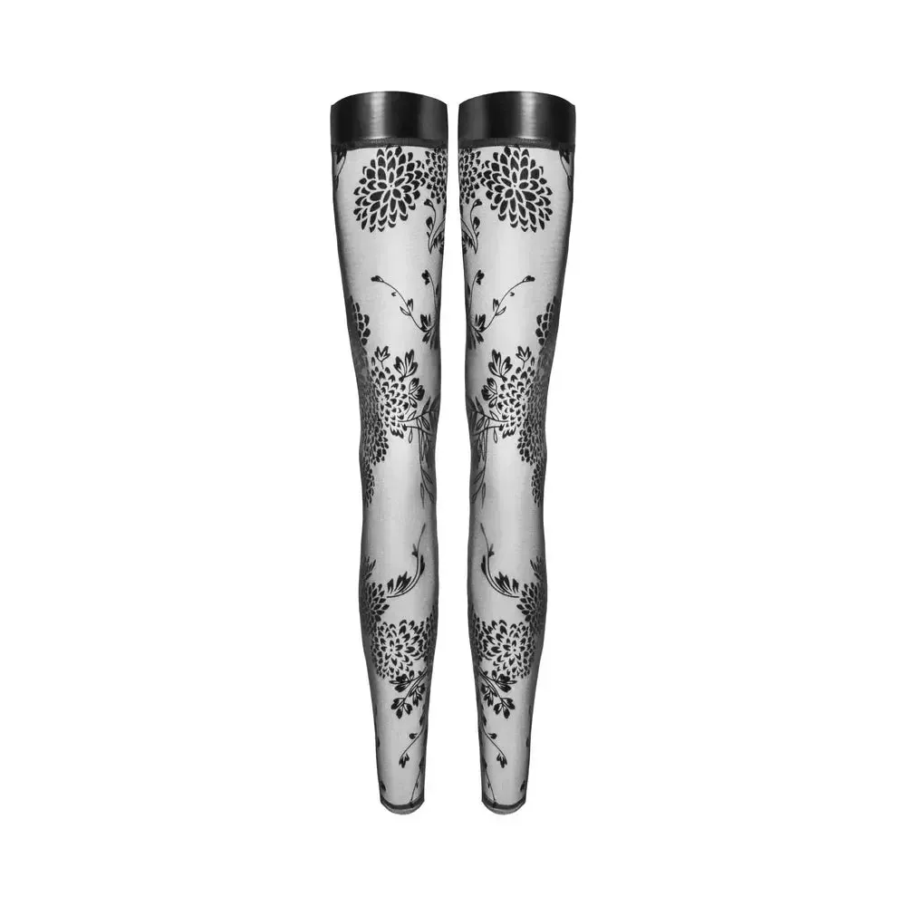 Noir Handmade Tulle Stockings With Patterned Flock Embroidery XL