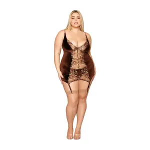 Plus Stretch Velvet and Embroidered Band Garter Slip and G-String Set Espresso 3XL