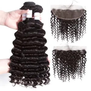Tuneful 10A Deep Wave Human Hair 3 Bundles With 13x4 Lace Frontal 100% Remy Human Hair