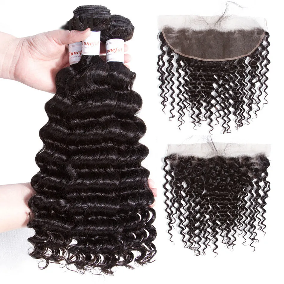 Tuneful 10A Deep Wave Human Hair 3 Bundles With 13x4 Lace Frontal 100% Remy Human Hair