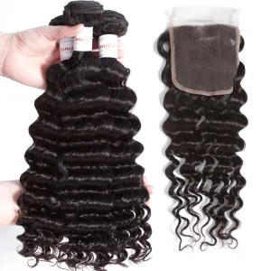 Tuneful 10A Deep Wave Human Hair 3 Bundles With 4x4/5x5 Lace Closure 100% Remy Human Hair