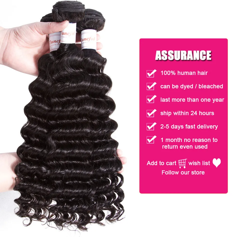 Tuneful 10A Deep Wave Human Hair 3 Bundles With 4x4/5x5 Lace Closure 100% Remy Human Hair