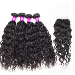Tuneful 10A Water Wave Human Hair 4 Bundles With 4x4/5x5 Lace Closure 100% Remy Human Hair
